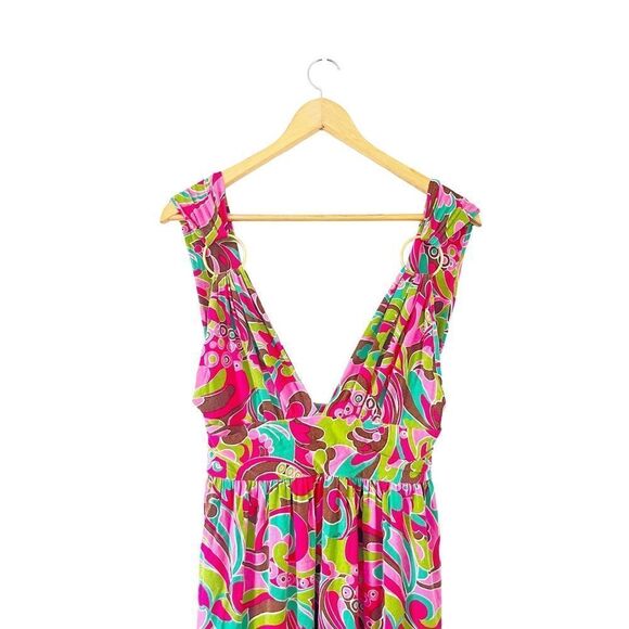 Milly NY Pink Retro Pattern Sleeveless V-Neck Maxi Sun Dress - Picture 2 of 10